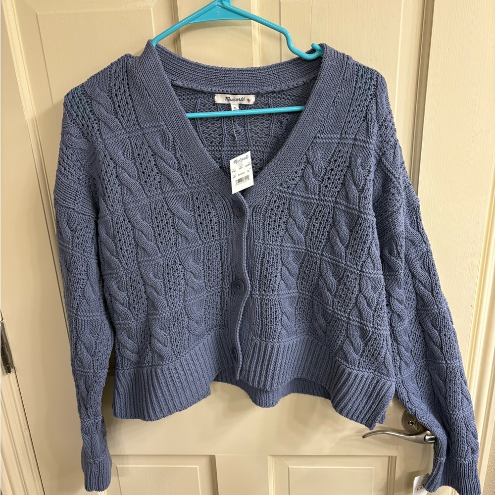 Madewell Cable Knit Cardigan in Slate Blue